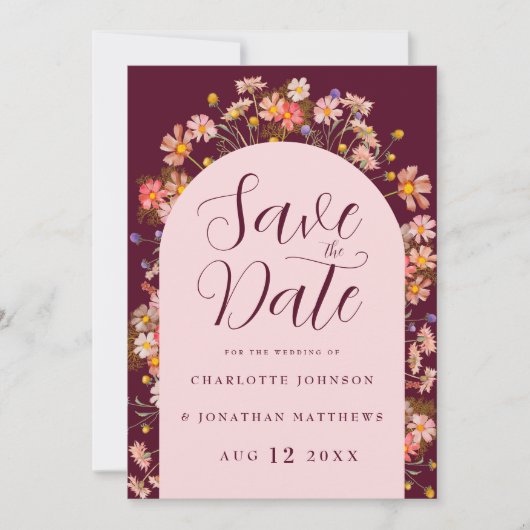 Save The Date Boho Fall Fleur sauvage Bourgogne Blush Pink Maria (Devant)