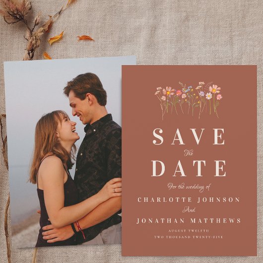Save The Date Boho Fall Wildflower Terracotta Photo Wedding