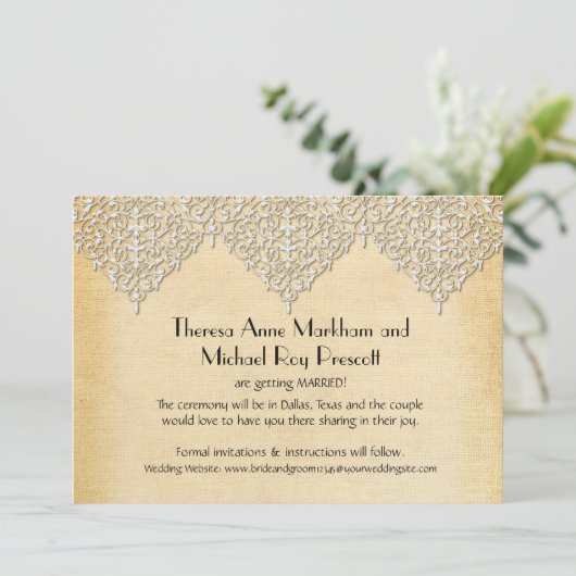 Save The Date BOHO Faux Burlap n dentelle gitane moderne style m (Debout devant)