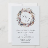 Save The Date Boho Feathers Wreath Monogramme Mariage hivernal (Devant)