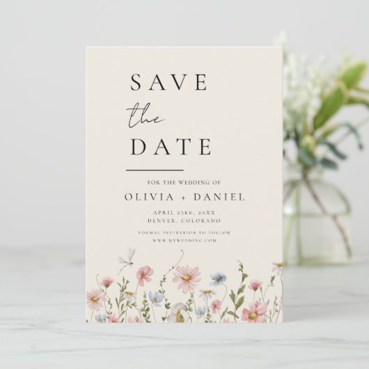 Save The Date Boho fleur sauvage beige Enregistrer la date Minim (Debout devant)
