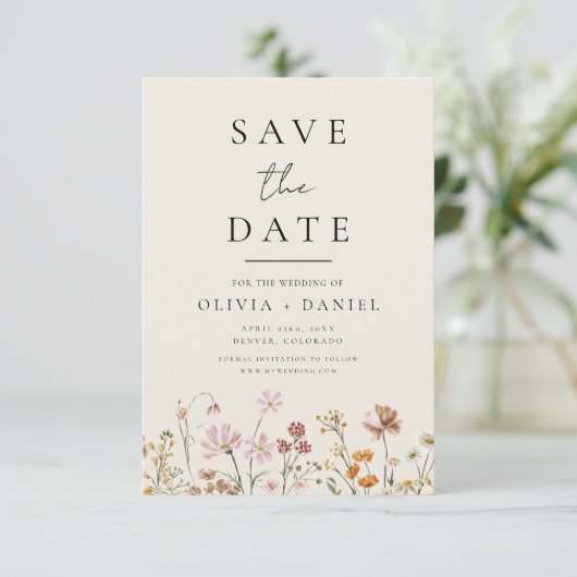 Save The Date Boho fleur sauvage beige Enregistrer la date Minim (Debout devant)