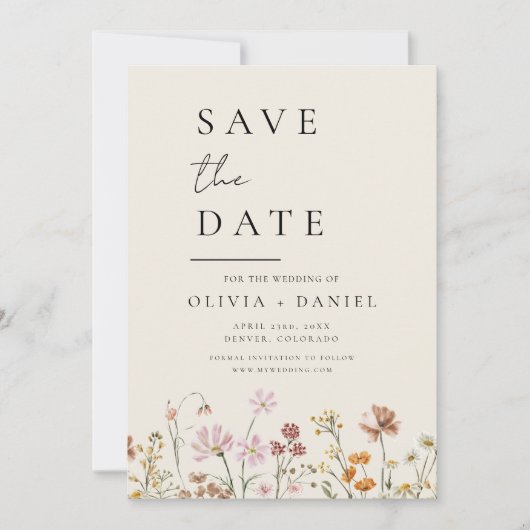 Save The Date Boho fleur sauvage Beige Photo Enregistrer la date (Devant)