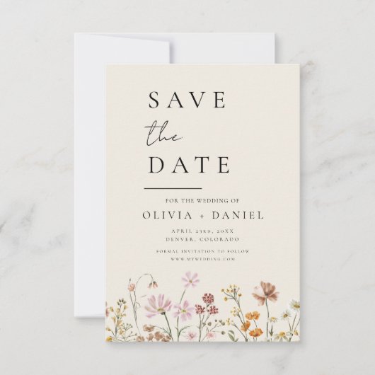 Save The Date Boho fleur sauvage Beige Photo Enregistrer la date (Devant)