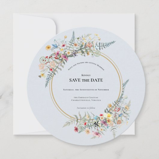 Save The Date Boho Fleur sauvage Fern Dusty Blue Mariage Round (Devant)