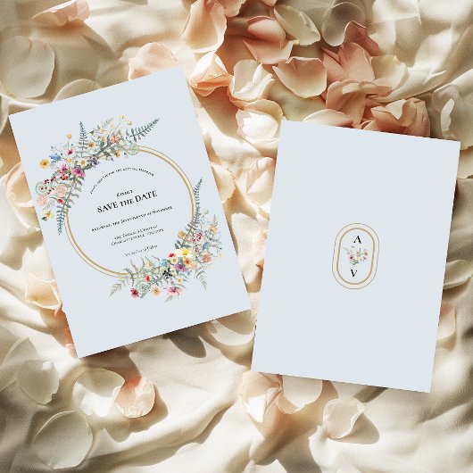 Save The Date Boho Fleur sauvage Fern Dusty Mariage bleu