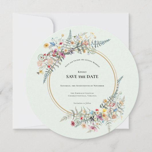 Save The Date Boho Fleur sauvage Fern Mint Mariage vert ronde (Devant)