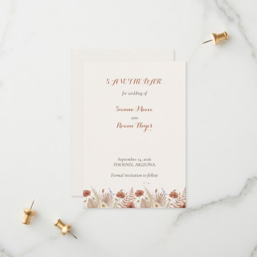 Save The Date Boho Fleurs en Terracotta & Herbe de Pampas (Devant/Arrière en situation)