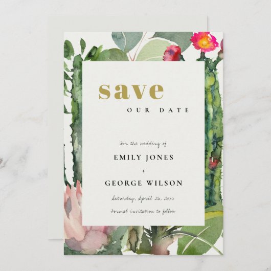 SAVE THE DATE BOHO FLEURS ROSES CACTUS DE DÉSERT FEUILLAGE AQUAR (Devant / Derrière)