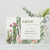 SAVE THE DATE BOHO FLEURS ROSES FEUILLAGE CACTUS DU DÉSERT AQUAR (Debout devant)