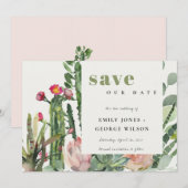 SAVE THE DATE BOHO FLEURS ROSES FEUILLAGE CACTUS DU DÉSERT AQUAR (Devant / Derrière)