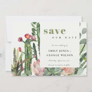 SAVE THE DATE BOHO FLEURS ROSES FEUILLAGE CACTUS DU DÉSERT AQUAR