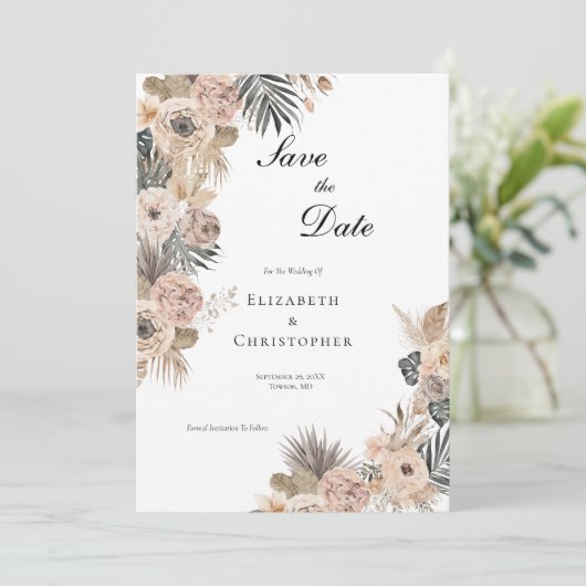 Save The Date Boho Floral Botanique Fleurs Beige Rose Mariage (Debout devant)