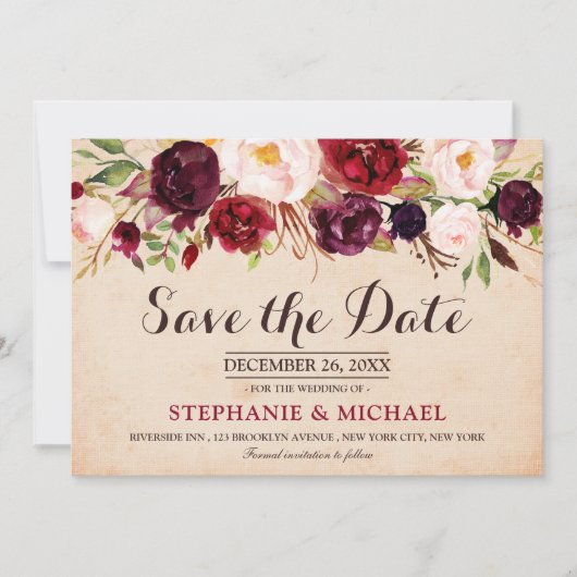 Save The Date Boho floral de Marsala rouge de Bourgogne Enregist (Devant)