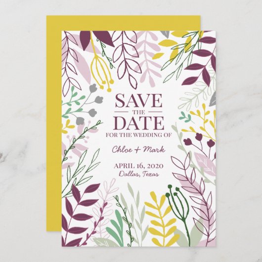 Save The Date Boho Floral Jardin été Automne Cassis MellowJaune (Devant / Derrière)