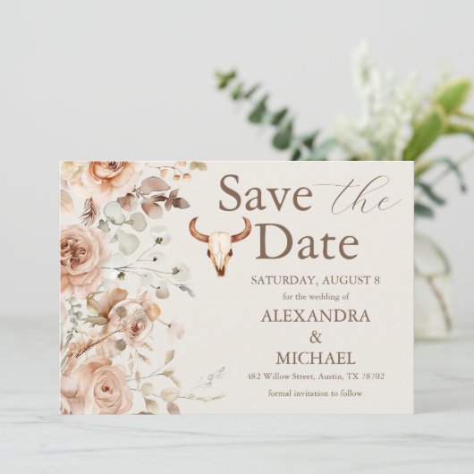 Save The Date Boho Floral Mariage Occidental Enregistrer La Date (Debout devant)