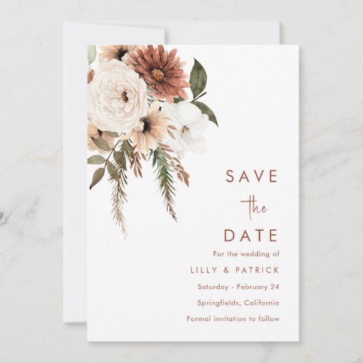 Save The Date Boho Floral Terracotta Mariage moderne (Devant)