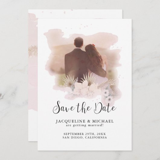 Save The Date BOHO Floral Tropical Modern Script Palm Photo (Devant / Derrière)