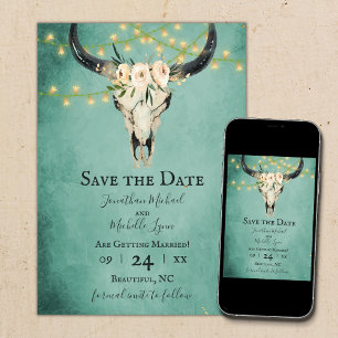 Save The Date Boho Floral Vache crâne et lumières Turquoise Mari