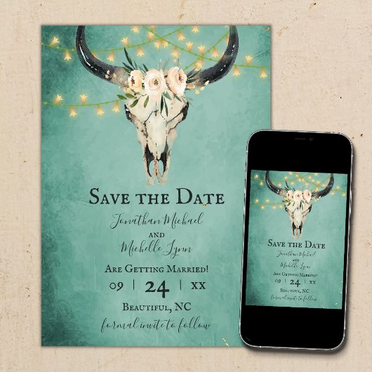 Save The Date Boho Floral Vache crâne et lumières Turquoise Mari