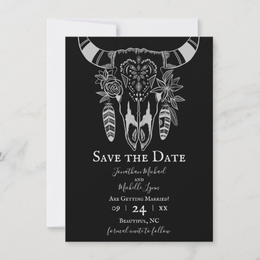 Save The Date Boho Floral Vache Crâne noir et blanc Mariage (Devant)