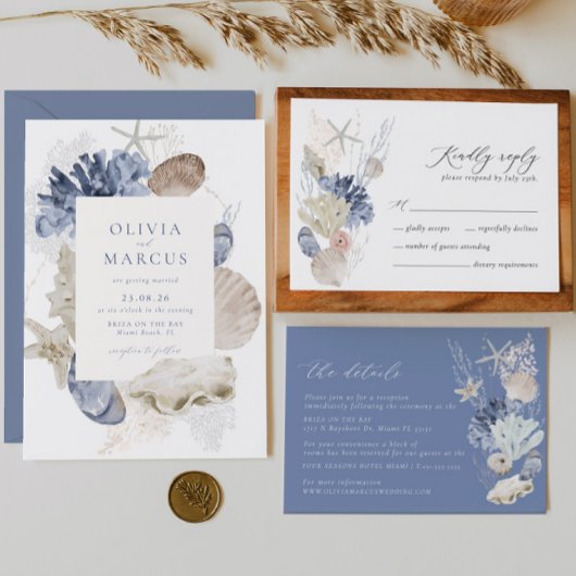 Save The Date Boho Frame Beach Shell Dusty Blue Photo Mariage