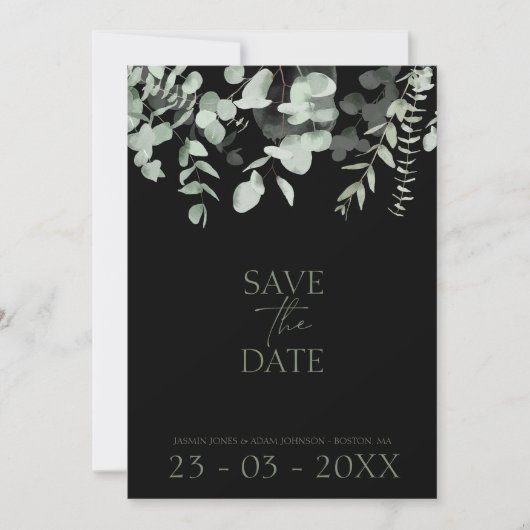 Save The Date Boho Green Black Eucalyptus Mariage (Devant)