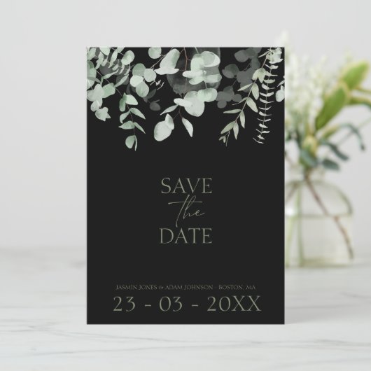 Save The Date Boho Green Black Eucalyptus Mariage (Debout devant)