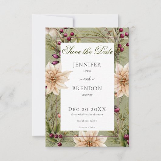 Save The Date Boho Hiver Végétation Boughs Vert Sage (Devant)