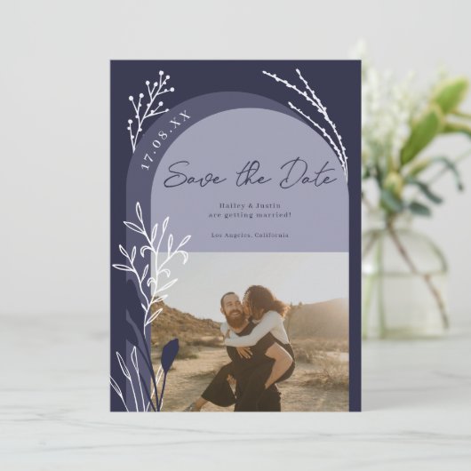 Save The Date Boho marine bleu photo noms script arch mariage (Debout devant)