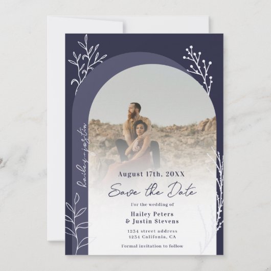 Save The Date Boho marine bleu photo noms script arch mariage (Dos)