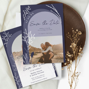 Save The Date Boho marine bleu photo noms script arch mariage