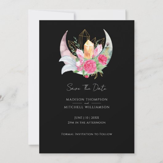 Save The Date Boho Moon Crystals Plumes rose Fleurs Mariage (Devant)