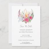 Save The Date Boho Moon Crystals Plumes rose Fleurs Mariage (Devant)