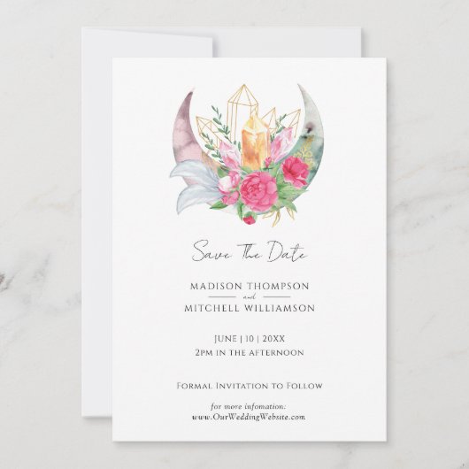 Save The Date Boho Moon Crystals Plumes rose Fleurs Mariage (Devant)