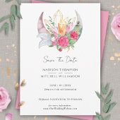 Save The Date Boho Moon Crystals Plumes rose Fleurs Mariage