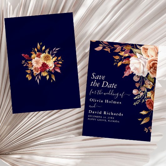 Save The Date Boho Navy Blue Burnt Orange Floral Mariage