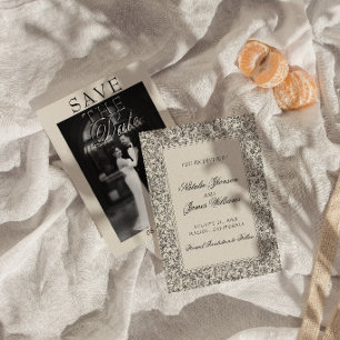 Save The Date Boho Noir Crème Floral Photo Botanique Mariage