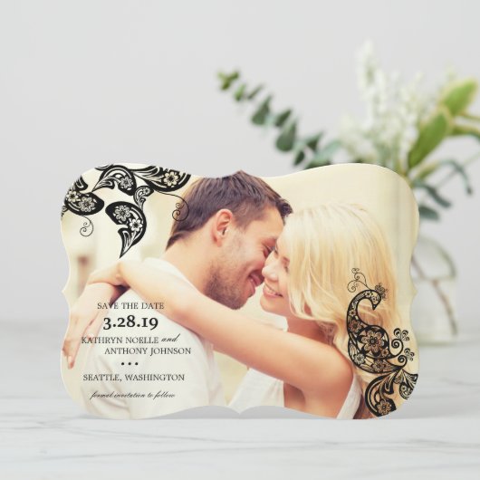 Save The Date Boho Noir Floral Peacock Photo Enregistrer La Cart (Debout devant)