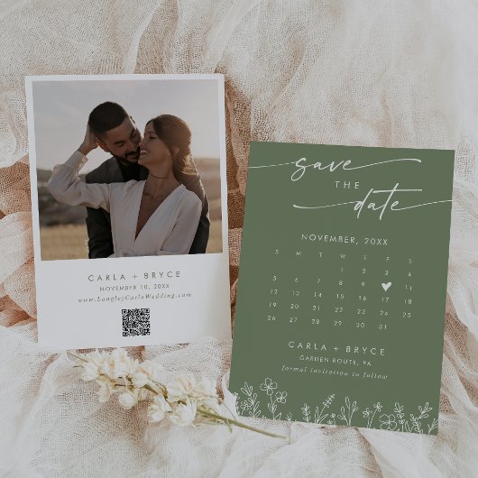Save The Date Boho Olive Wildflower QR Code Photo Calendar 