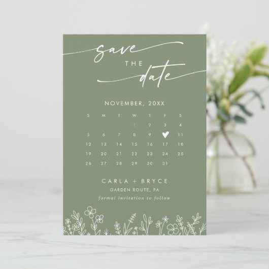 Save The Date Boho Olive Wildflower QR Code Photo Calendar (Debout devant)