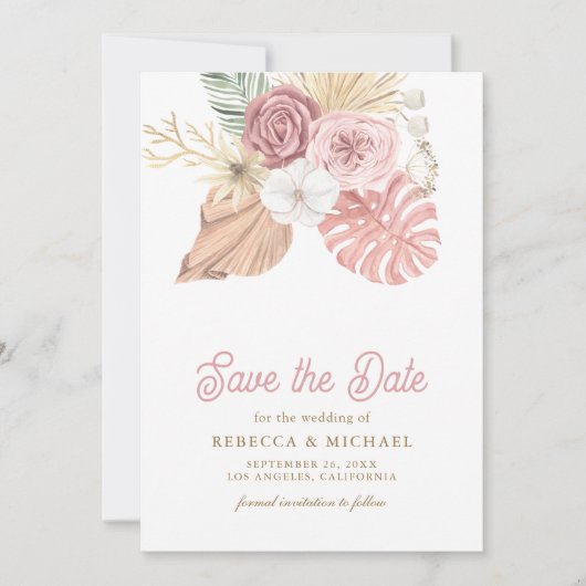 Save The Date Boho Palm Dusty rose Roses Mariage (Devant)