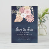 Save The Date Boho Palm Dusty Rose Roses Mariage bleu marine (Debout devant)