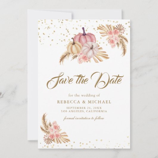 Save The Date Boho Pampas Dusty Rose Roses Citrouille Mariage (Devant)