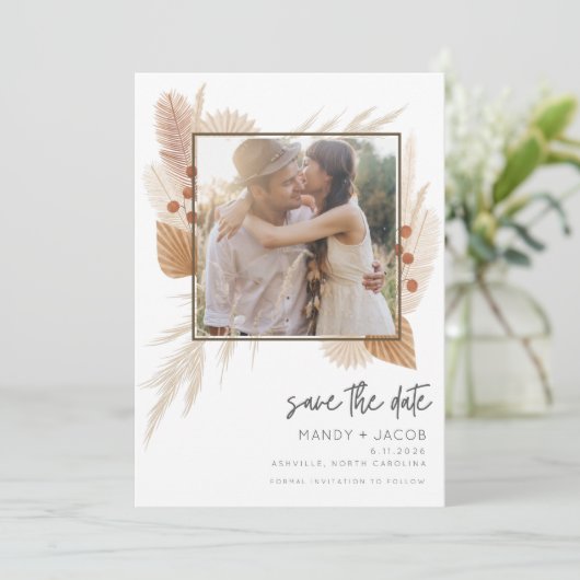 Save The Date Boho Pampas Grass photo mariage Enregistrer la dat (Debout devant)