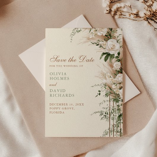 Save The Date Boho Pampas Grass & Rose blanche Mariage