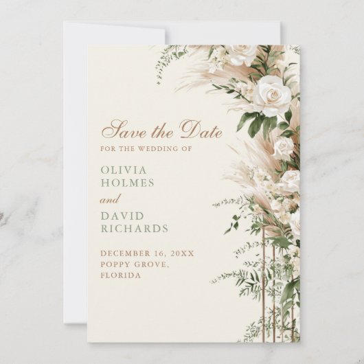 Save The Date Boho Pampas Grass & Rose blanche Mariage (Devant)