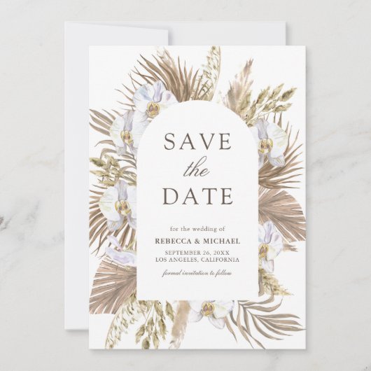 Save The Date Boho Pampas Orchidée blanche Mariage de palmier sé (Devant)