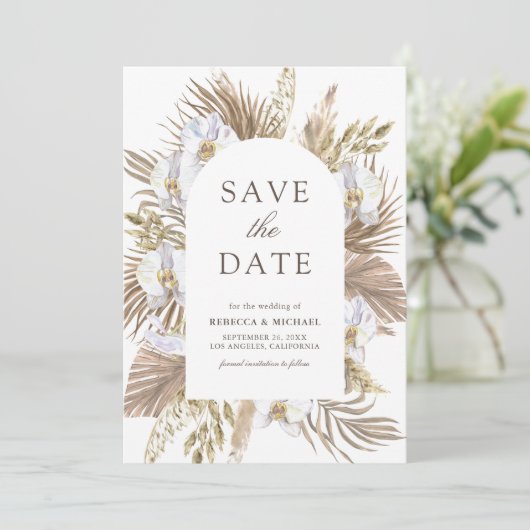 Save The Date Boho Pampas Orchidée blanche Mariage de palmier sé (Debout devant)