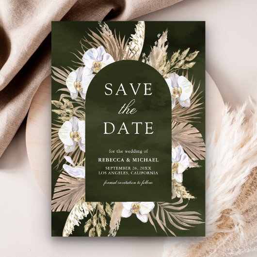 Save The Date Boho Pampas Orchidée blanche Olive Green Mariage